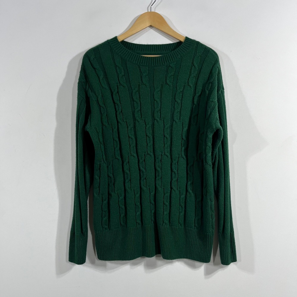 SO Fisherman Preppy Old Money Green Cable Knit Crewneck Sweater Womens Large
